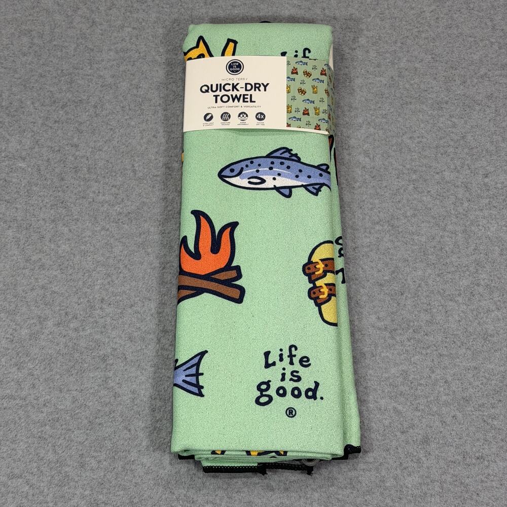 Life is Good Quick Dry Towel Micro Terry Beach Camp Travel Fish 72x30 Green NWT